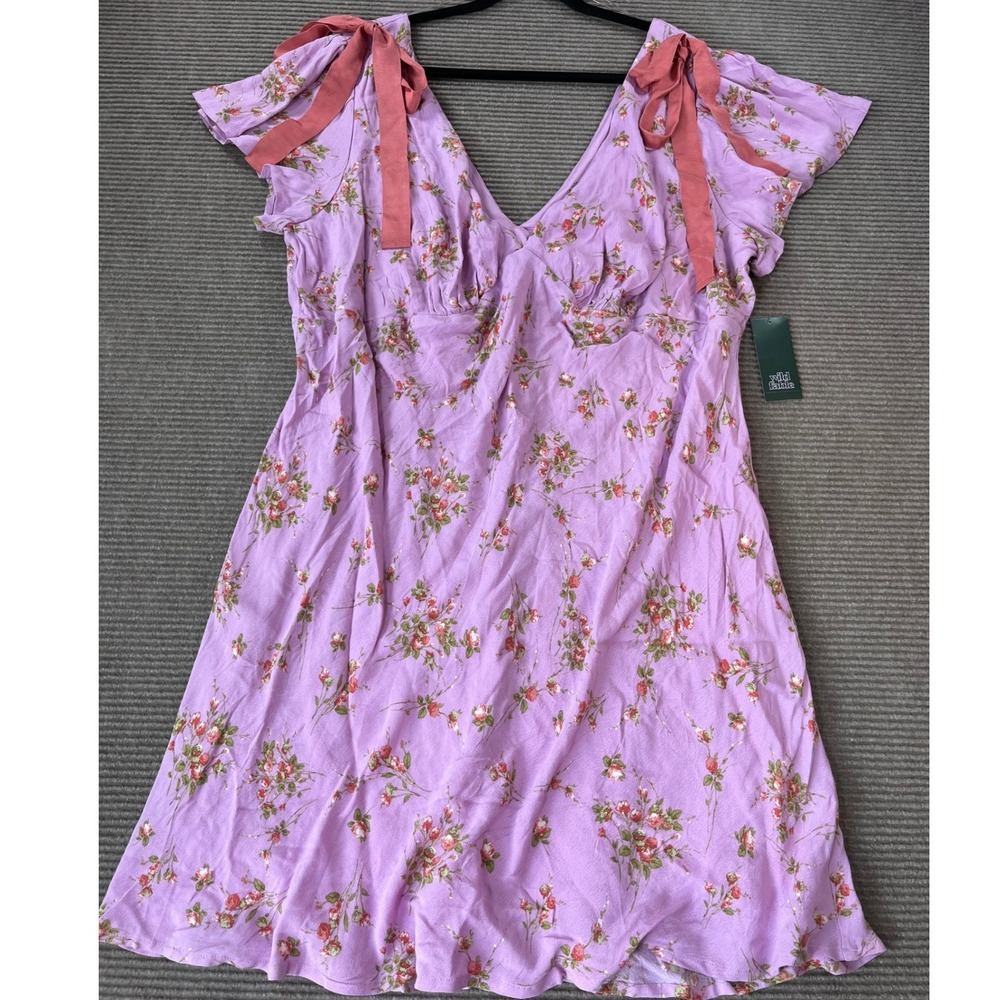 Wild Fable Purple Floral Mini Dress XXL NWT Pink Shoulder Bows V-Neck Rayon